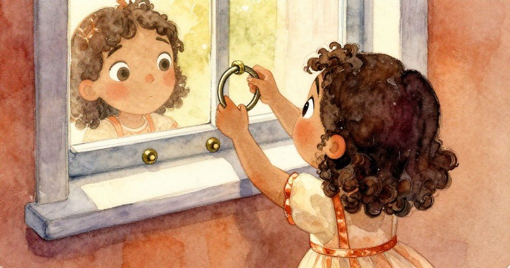 從背後看見Luna在窗台上將戒環扣於銅柱，專注中透出愉悅，背景呈現舊金屬的細膩質感。