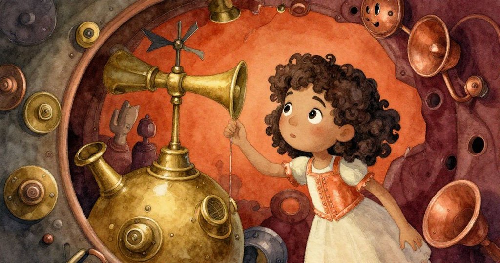 Luna在隱秘金屬空間中探險，四周銅飾閃動、風向標敲擊與霧號低鳴，場景充滿奇幻與生動細節。