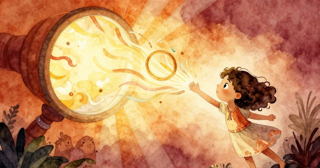 Luna微笑釋放厚戒指穿越陽光，彩色光影灑落於大鏡上，整個房間彷彿展現夢幻般魔法結局。