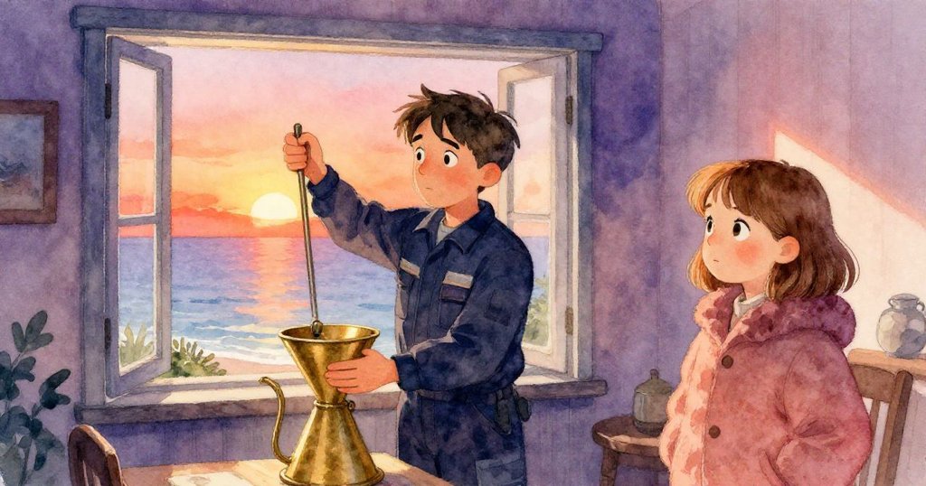 Grant與Bea在寧靜房間中互動，Grant穩定滑動的漏斗，Bea注視窗外海景，展現平和與期待情緒。