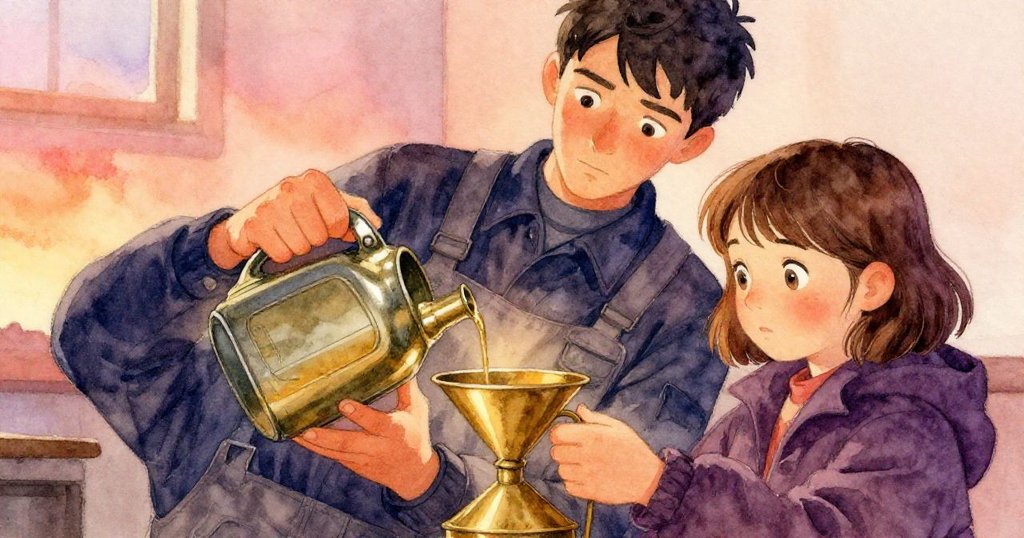 Bea舉起古樸油罐，Grant穩握亮銅漏斗，兩人專注操作細膩展現互動，背景柔和光影交錯。