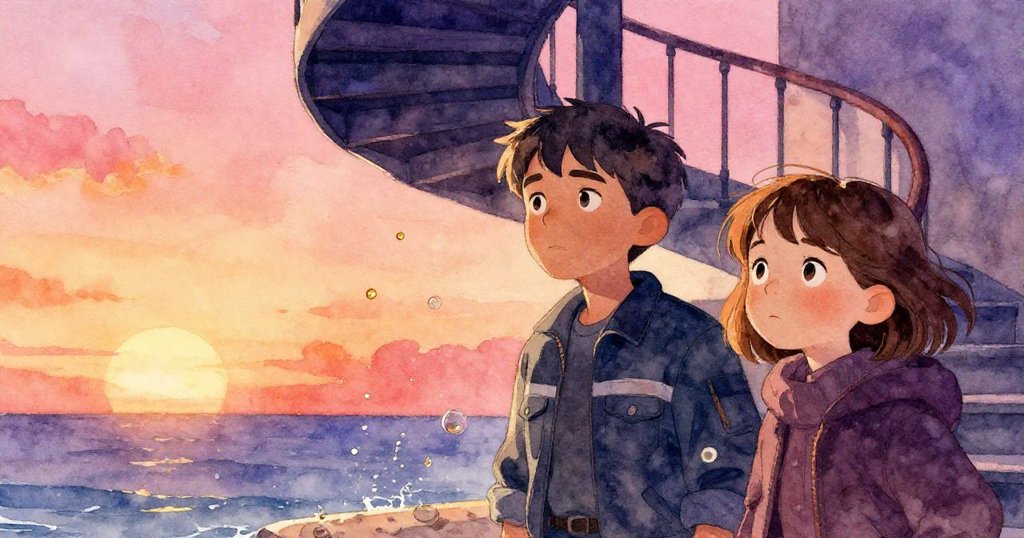 以傾斜視角呈現螺旋樓梯及飛舞油滴，Grant和Bea凝神注視，畫面充滿動態與微妙情感變化。