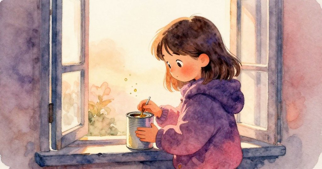 Bea在開窗處調整油罐，微風輕捲油珠與海水，室內外光影交錯，氛圍神秘溫柔。