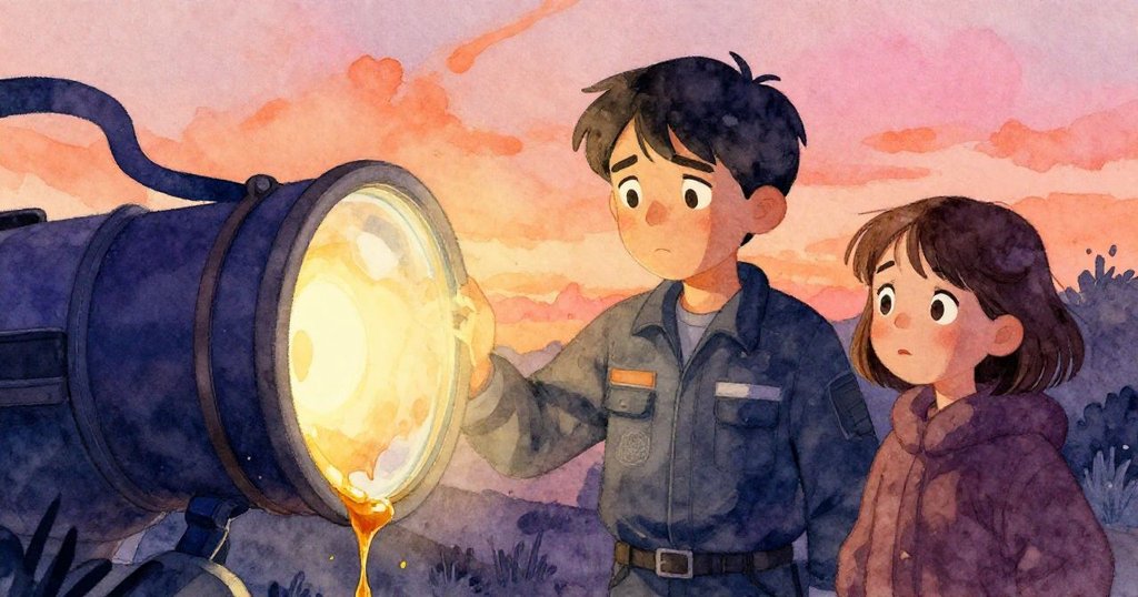 Grant與Bea在室內凝視急湧油帶，臉上滿是驚愕緊張，光影對比強烈，氣氛充滿懸念。