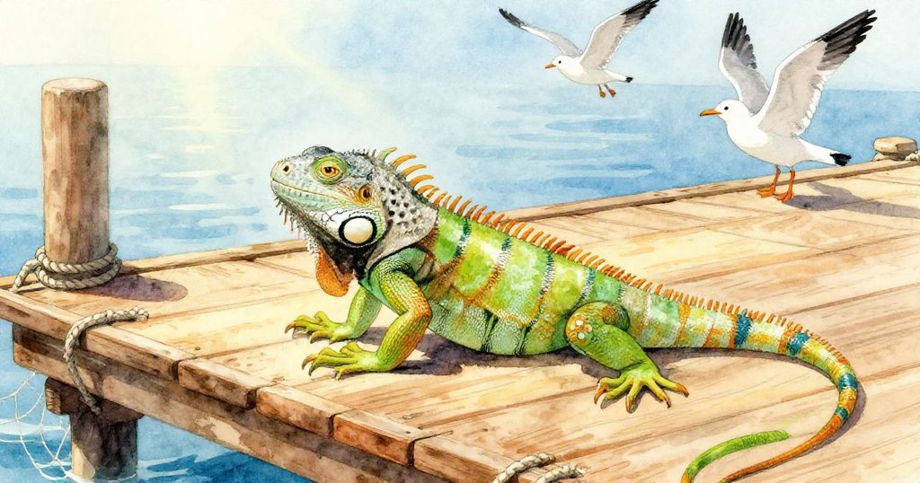 伊吉伊悠閒地躺在陽光灑落的碼頭上，海鷗飛舞在繩索與木板間，展現早晨活力與熱鬧情景。