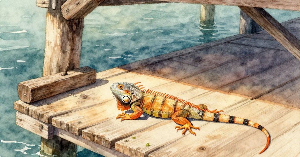 水面下展現出碼頭倒影與輕搖的浮標，小魚穿梭於光影中，營造寧靜海港水下世界。