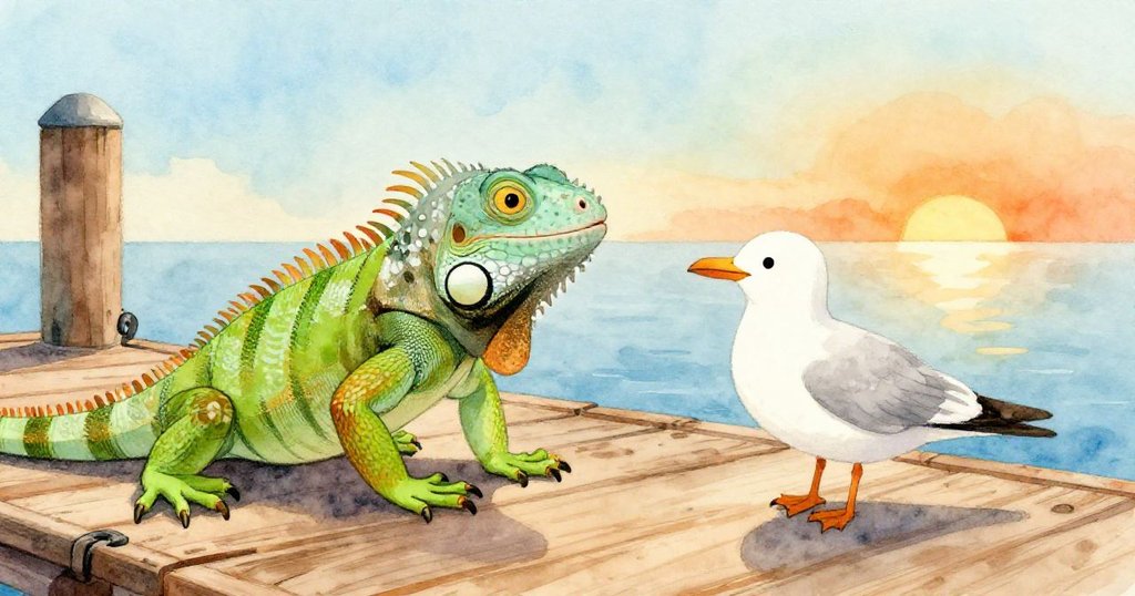 伊吉伊與友善海鷗在碼頭上親密互動，眼神流露好奇，旁邊浮標隨波輕響，呈現溫馨場景。