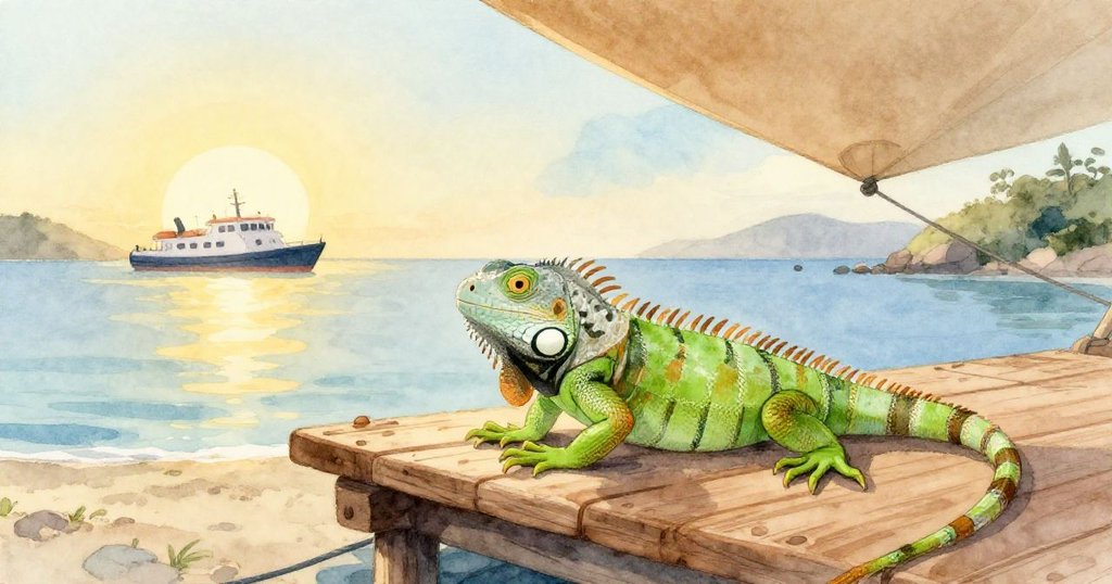 伊吉伊安詳地躺在碼頭木板上，帆布輕拍木板奏出寧靜節奏，遠方渡輪緩緩消逝，營造出和平安定氛圍。