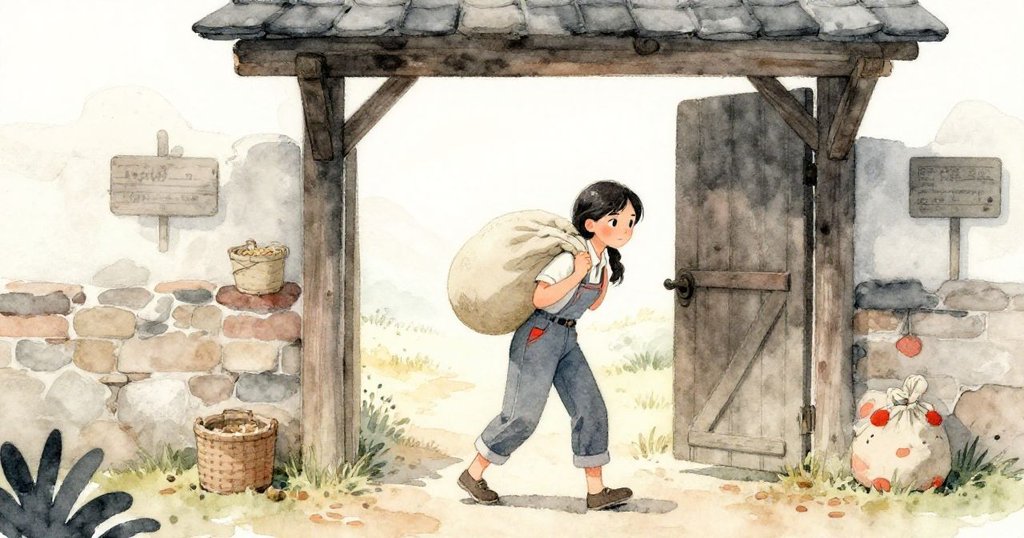 Pearl 穿著紅細節工作服，在溫暖晨光中走向馬廄，背景有馬匹與鋸末，呈現希望與活力的早晨。