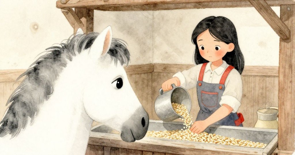 透過馬兒視角看見Pearl細心倒穀物，小馬耳朵豎起，周圍環境充滿穀槽與鋸末細節，氣氛溫馨。