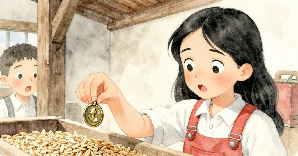 Pearl 低頭驚喜發現從天窗滑落的銅製美人魚紐扣，正輕輕撿起，畫面細膩呈現手與物件的微妙互動。