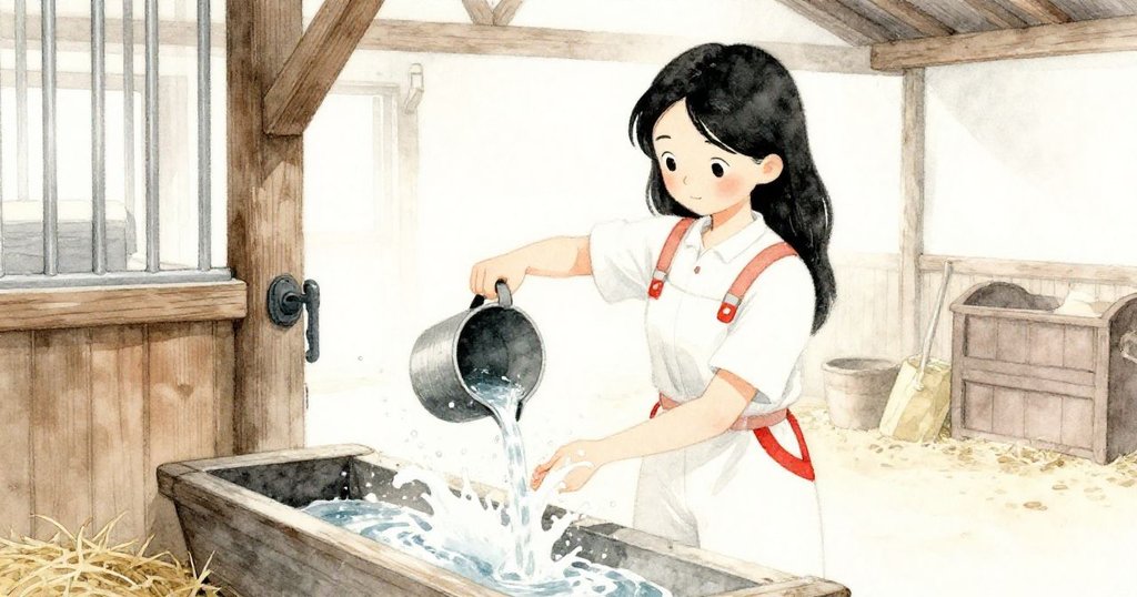 Pearl 用水桶倒水刷新飲水槽，水花飛濺沖走麥秸與穀物，環境明亮呈現工作中的生動與細膩。