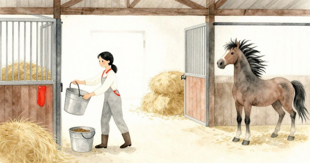 Pearl 持桶回來掛上餵飼桶，並推整乾草堆，馬兒搖鬃迎向明亮未來，場景溫暖展現勞作與希望。