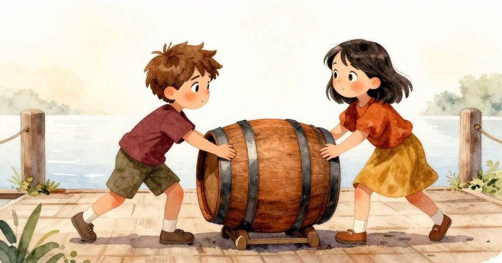 Erik站在木製碼頭上準備推動沉重木桶，Ivy蹲在旁邊，背景海浪與海鷗鳴叫，展現平靜的開始與期待。