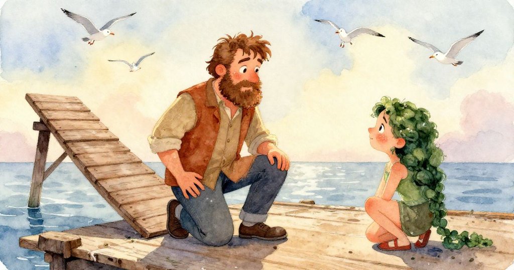 Ivy的手輕觸著木桶上捲繞的鐵環與繩索，細節豐富，表現出專注與好奇的情緒。