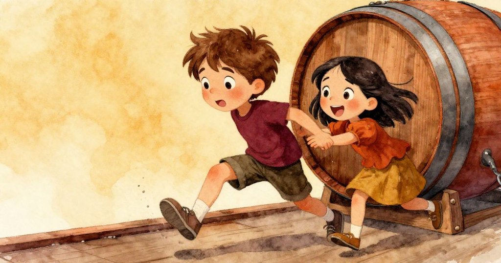 Erik與Ivy合力推動木桶，木桶在斜視角下旋轉撞上木板，動感十足，展現活力與歡樂。