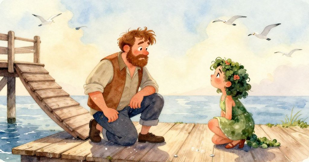 在明亮夏日的海港，木桶停靠於浮標旁，孩子們觀察著輕柔波浪拍打碼頭，營造出寧靜溫暖的景象。