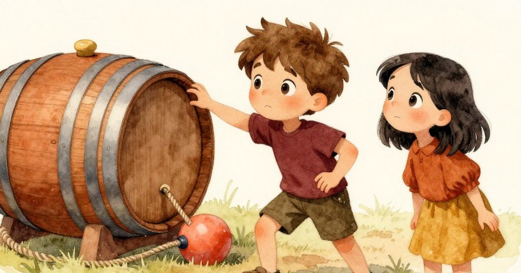 Erik輕敲木桶，看著其巧妙地捲入繩圈中，Ivy露出驚喜笑容，背景展現海港碼頭細節，充滿驚奇與快樂。