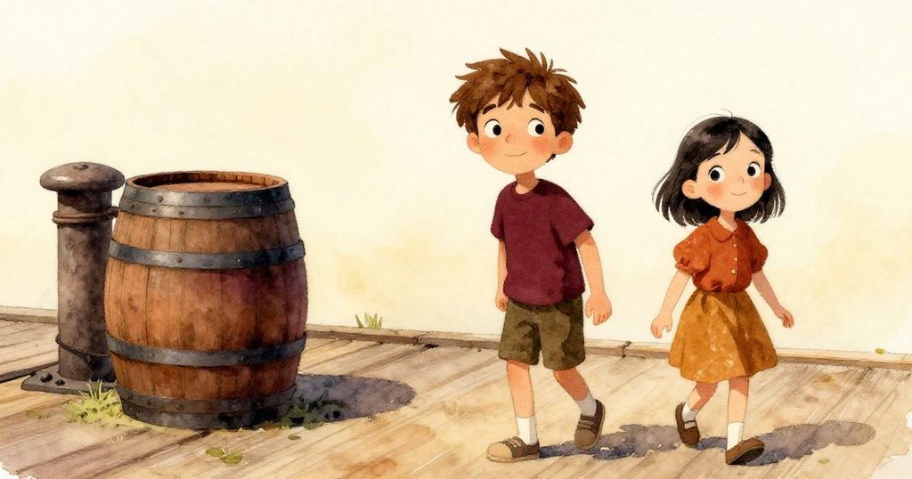 在寧靜碼頭上，木桶靠著柱子固定，Erik與Ivy退後微笑欣賞他們的創意遊戲，溫暖海風與海浪靜靜映襯著結局。