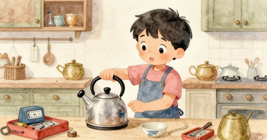 Zane在溫馨廚房中忙碌操作磁鐵，背景擁有閃爍計時器與多樣物件，呈現開場活力與歡喜情緒。