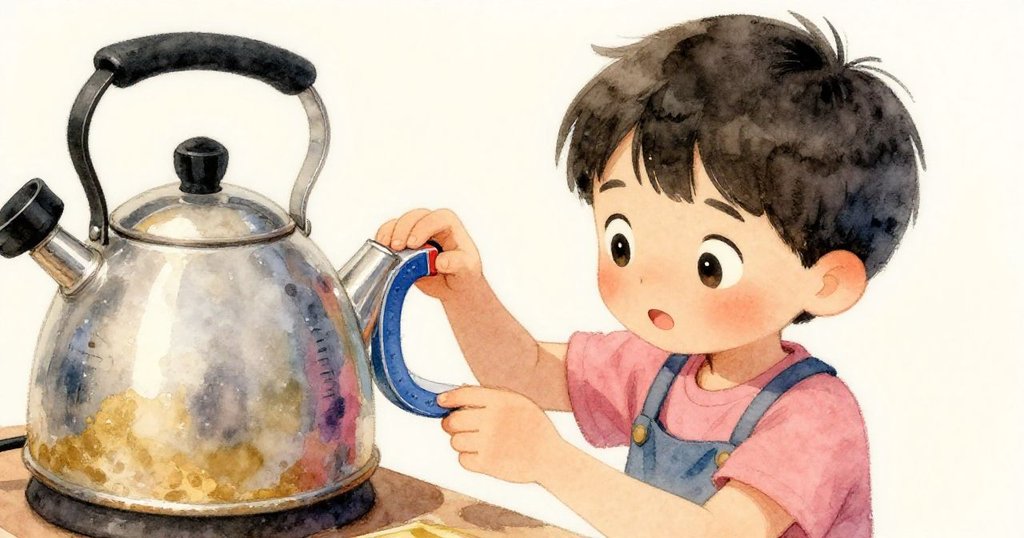 Zane專注調整磁鐵，金屬水壺與計時器反射出神秘光澤，臉上流露驚奇情緒，揭示故事發展。