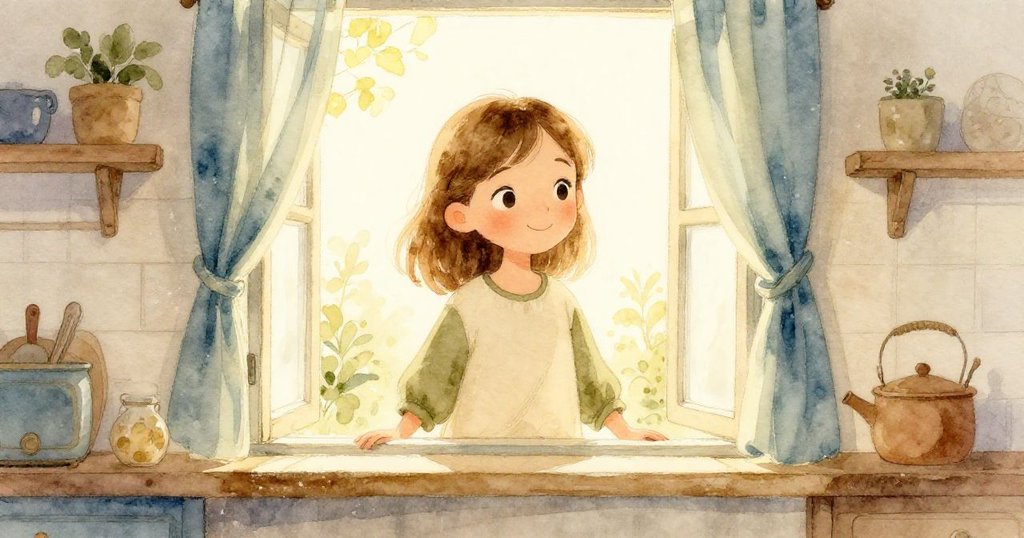 Dawn站在開窗邊，肩上沾著麵粉，晨光透入營造自然室內外融合，表現出期待與溫馨情感。