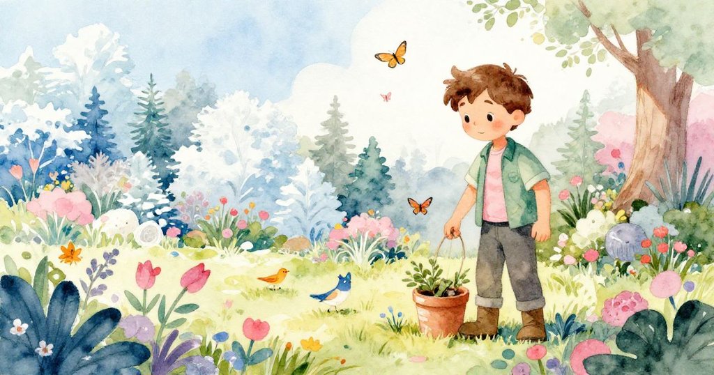 路克站在充滿蝴蝶和小鳥的花園中，彎腰細看花圃，神情興奮，展現故事開始的熱情與自然生機。