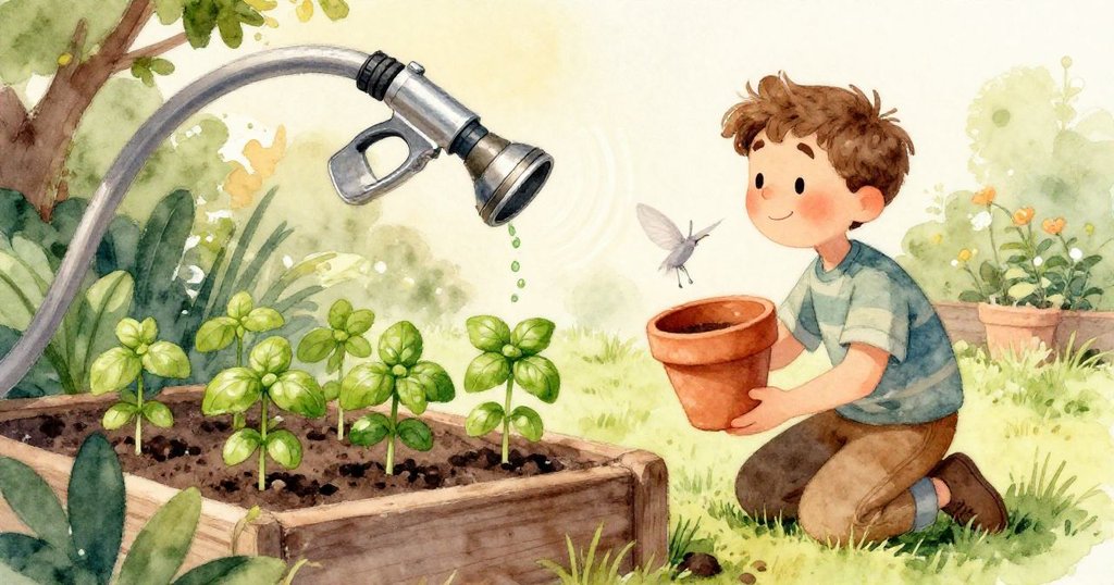 路克專注地用雙手握著陶土花盆，剪刀在身旁閃爍，表達他對園藝工具的細膩操作，情感期待。