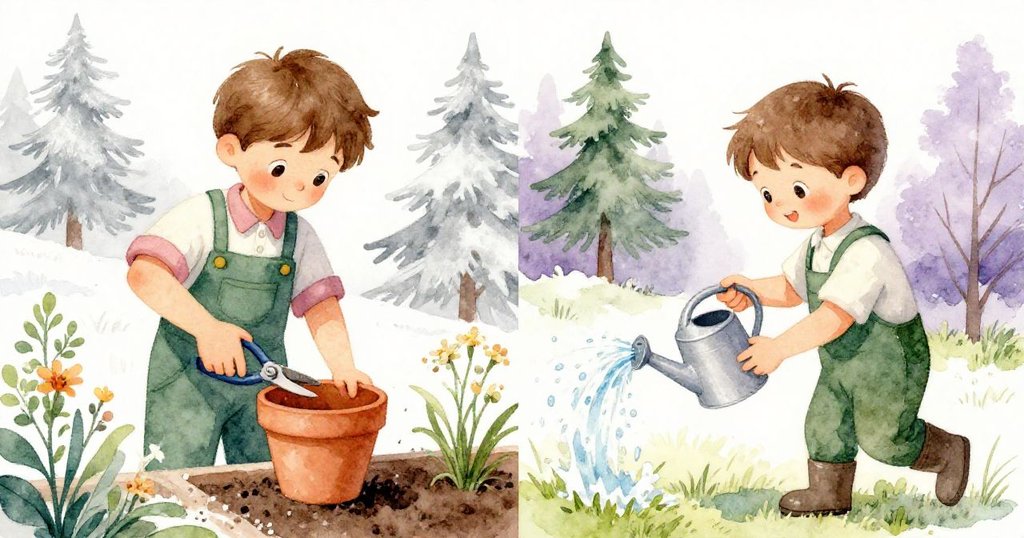 路克一邊輕敲粘土花盆試聽回響，一邊觀看水滴飛濺，呈現冒險與探索並進的精彩瞬間。