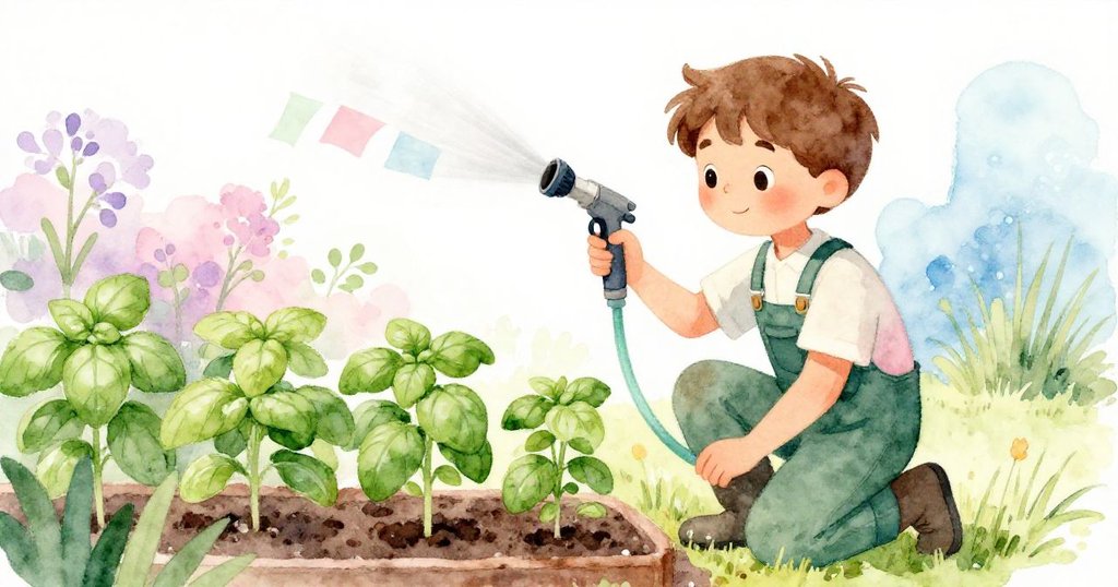 路克跪在花壇中調整花苗，花園一角懸掛著彩帶隨風飄揚，呈現自然風情的轉換情境。