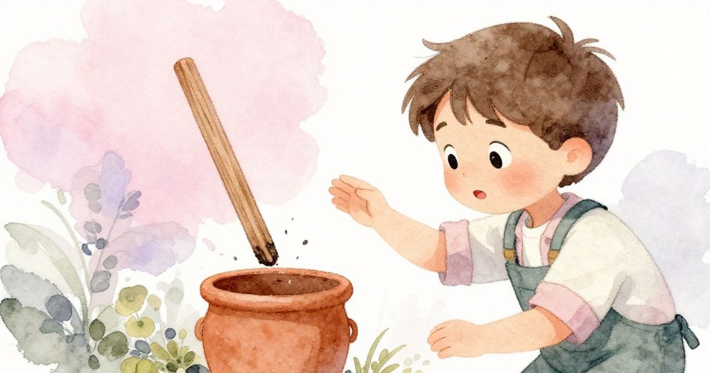 路克驚喜地發現掉落的木樁發出清脆鈴聲，臉上滿是好奇與興奮，故事進入高潮時刻。