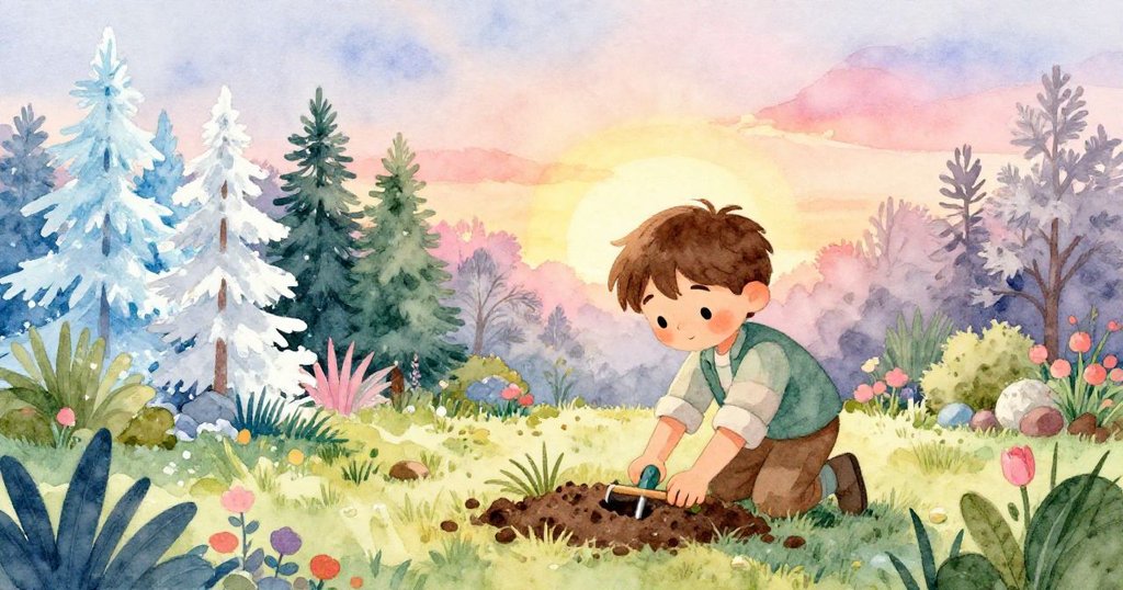 路克完成花園整理，穩固花苗立柱，背景展現寧靜花園全景與暖陽輕拂，故事溫馨圓滿落幕。