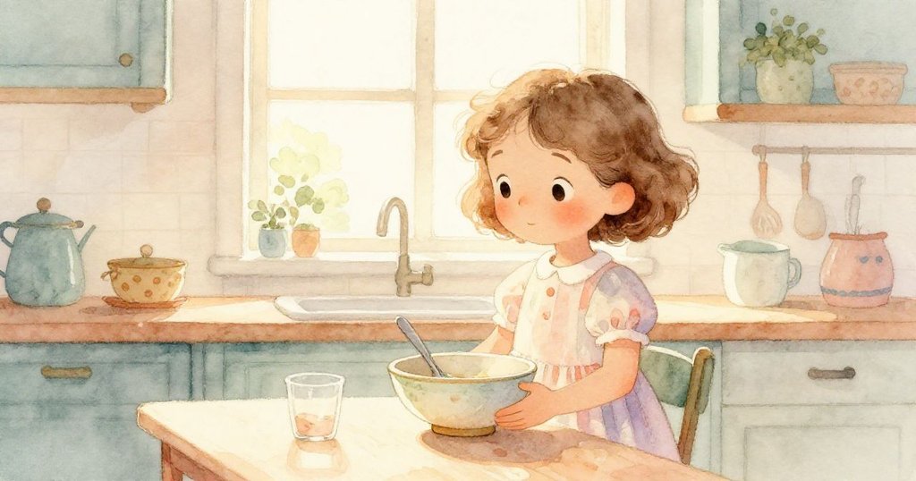 莉莉在明亮的廚房中凝視著瓷碗裡搖晃的湯匙，展現出即將展開冒險時的平靜與期待。