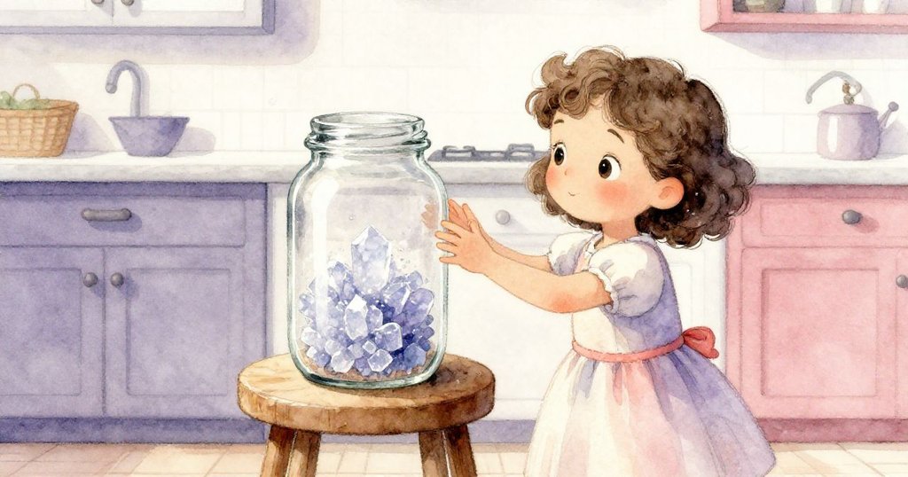 莉莉小心翼翼地伸手拿取晶亮糖罐，她站在細長的木凳上，眼神充滿決心和專注，溫馨廚房背景。