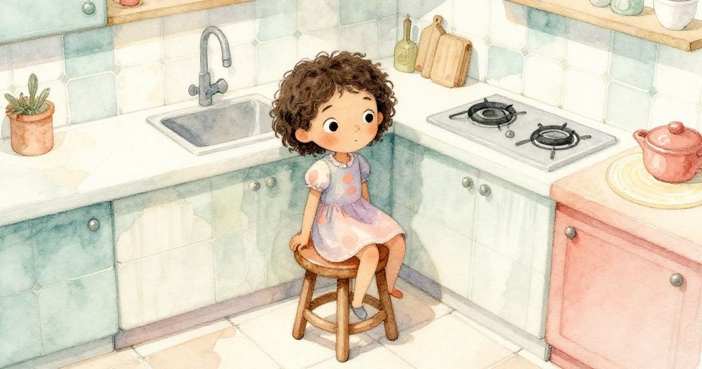 從高處俯瞰，莉莉在搖晃的凳子上小心前傾，突顯出地板上單塊扭曲磁磚的細節和她緊張的神情。