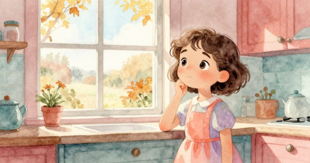 莉莉望向大窗外的秋天景色，窗外金黃落葉與柔和藍天映襯室內溫暖燈光，內外交融情境。