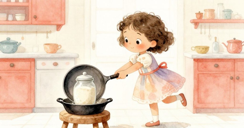 莉莉充滿活力地爬向搖晃的凳子，巧妙移動鑄鐵鍋作為平衡砝碼，廚房內物品動感交錯，氣氛熱烈。