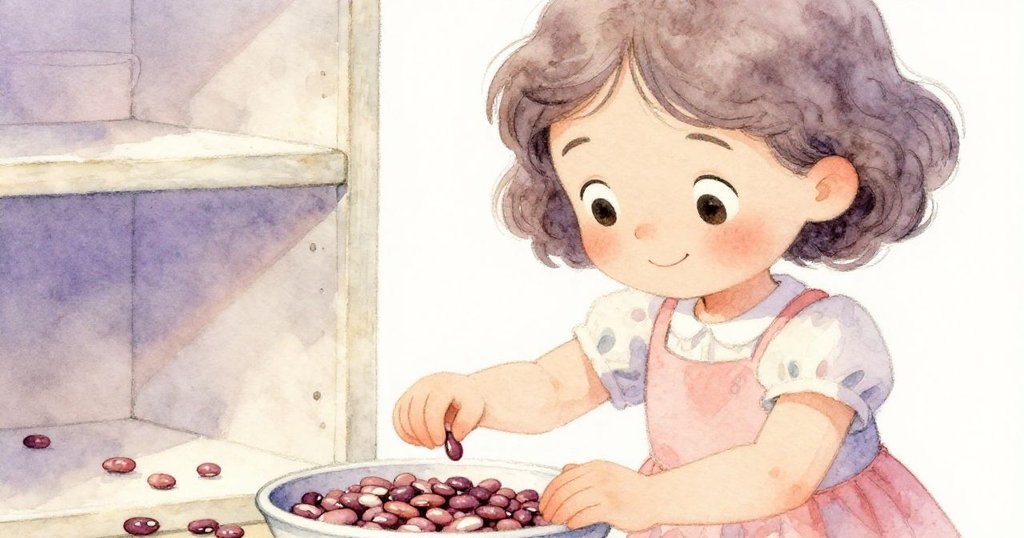 莉莉面帶輕鬆微笑，細心掃起散落豆粒，屋角一顆小豆靜靜滾動，展現事後平和的溫馨場面。