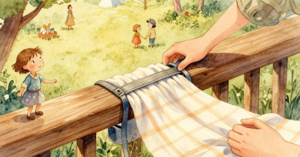 Sara專注地使用雙手固定寬鬆橡皮帶在格子布上,細節豐富展現她的用心和決心