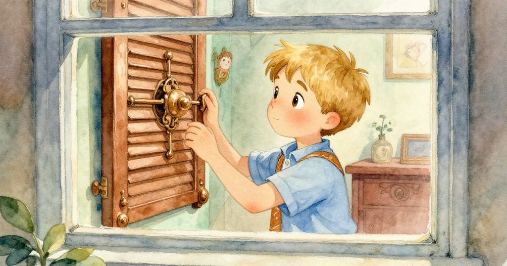 透過燈塔窗戶看見Vance在燈室內調試青銅百葉窗機械,神情專注且略顯溫暖