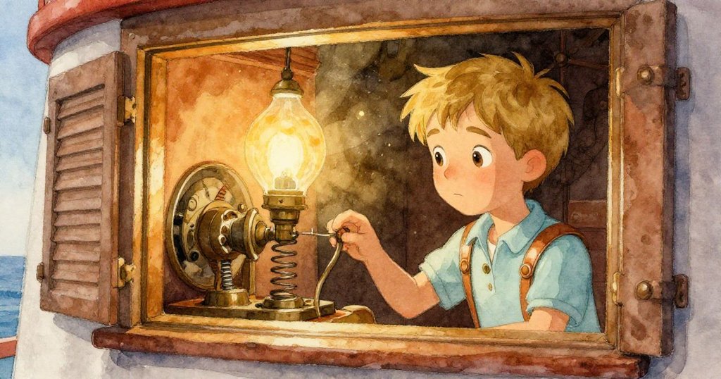 在隱密的燈室內,Vance調試青銅百葉窗和彈簧機構,灰塵中微光閃爍,展現神秘又細膩的機械美感