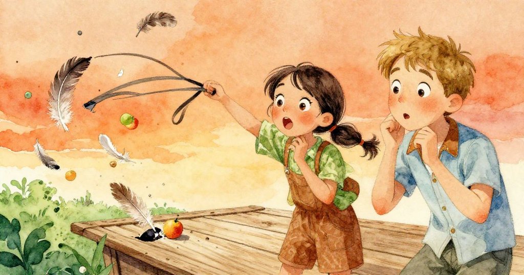 Sara和Vance驚訝地蹲下,見寬鬆帶穿過艙口飛出,同時羽毛與水果在木製平台上飛散,動感十足