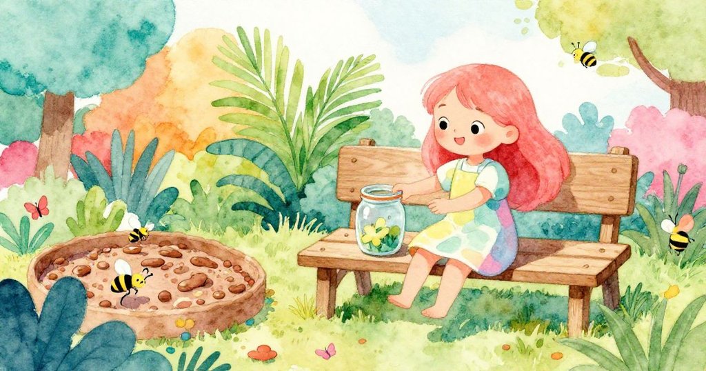 Lena在戶外庭院滑動玻璃罐，豆子床與長凳周圍有飛舞的蜜蜂與蝴蝶，神情專注而愉悅。