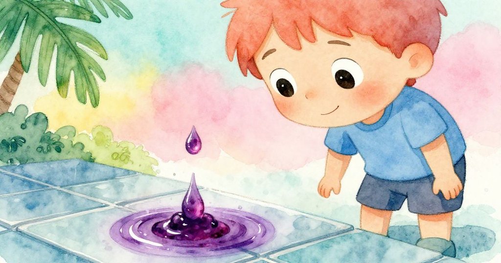 Ben專注看著木勺滴落果漿於瓷磚上，紫色環圈在雨水中綻放，他眼神中充滿好奇與驚喜。