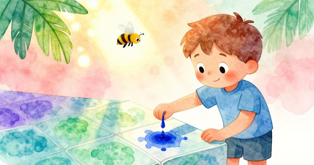 Ben滴入藍墨水，瓷磚上紫藍混合成綠雲，一隻蜜蜂盤旋，陽光透過雲層照亮整個畫面。