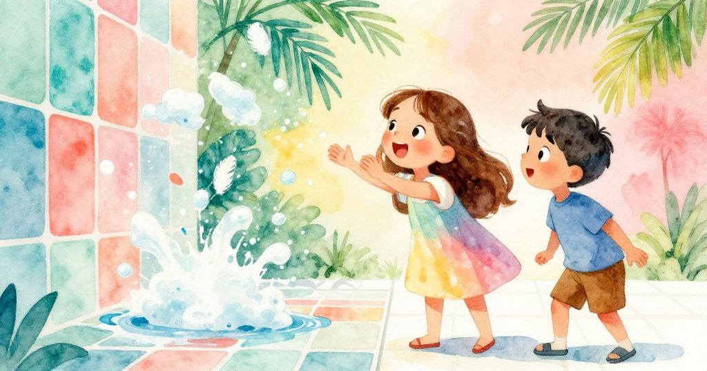 Lena加入液體肥皂後瓷磚上出現羽毛紋理，與Ben驚喜對視，色彩舞動充滿動感與歡樂。