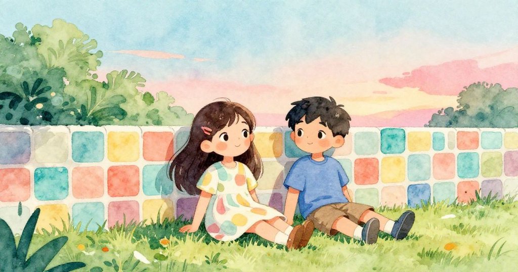 Lena與Ben在充滿色彩瓷磚旁安靜休息，臉上滿是溫柔與滿足，微風拂過草地營造出平和氛圍。