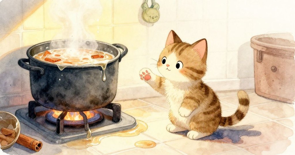 好奇的小貓在溫暖廚房中探險，從高處俯瞰湯沸騰與藍色海綿，展現冒險開始的熱情與混亂。