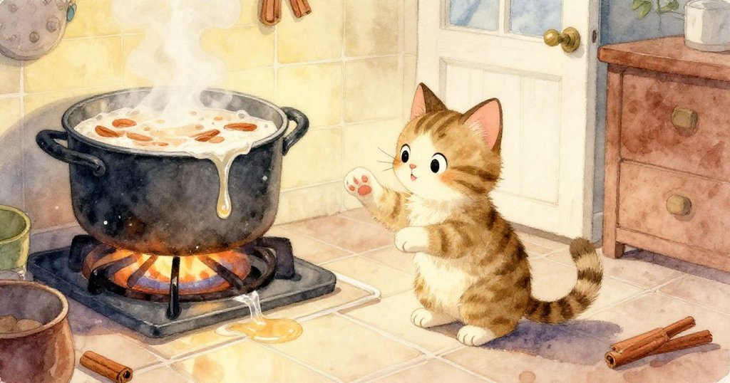 廚房瓷磚上湯汁緩緩滴下，質感細膩，藍色海綿靜候摘取，展現冒險初期的細節描繪。