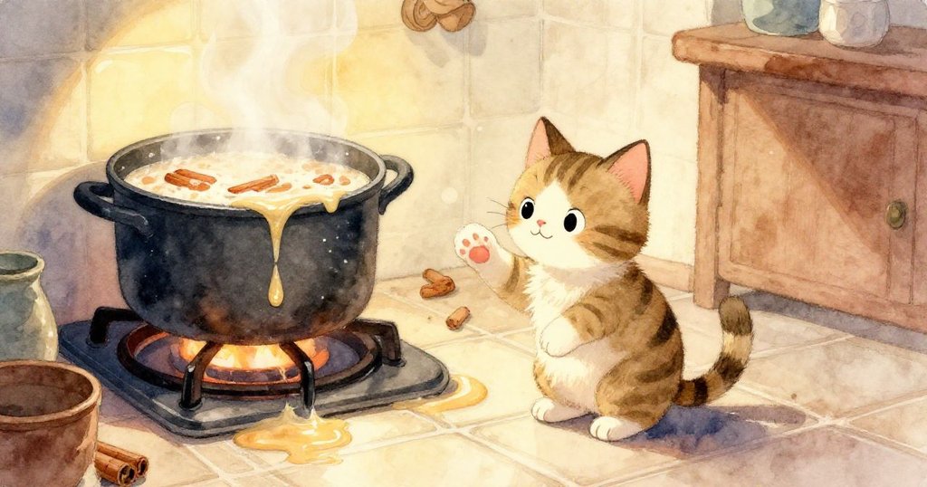 從高處俯瞰，小貓小心接近閃亮金屬蓋，眼中充滿決心與好奇，展現場景發展的關鍵動作。